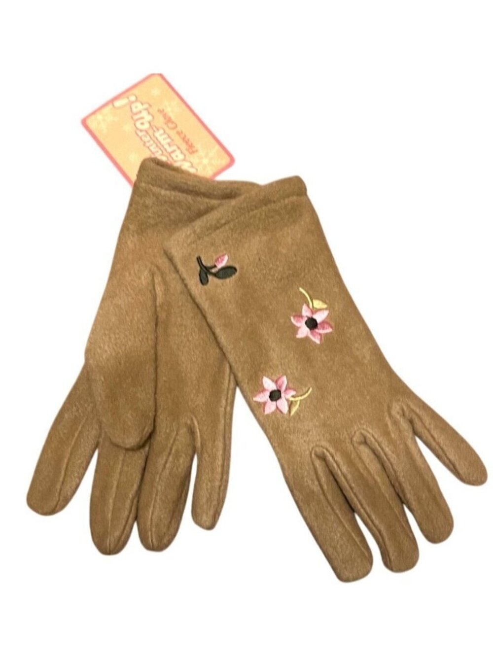 Womens Gloves Brown Polyester Fleece With Pink Flower Embroidery NWT